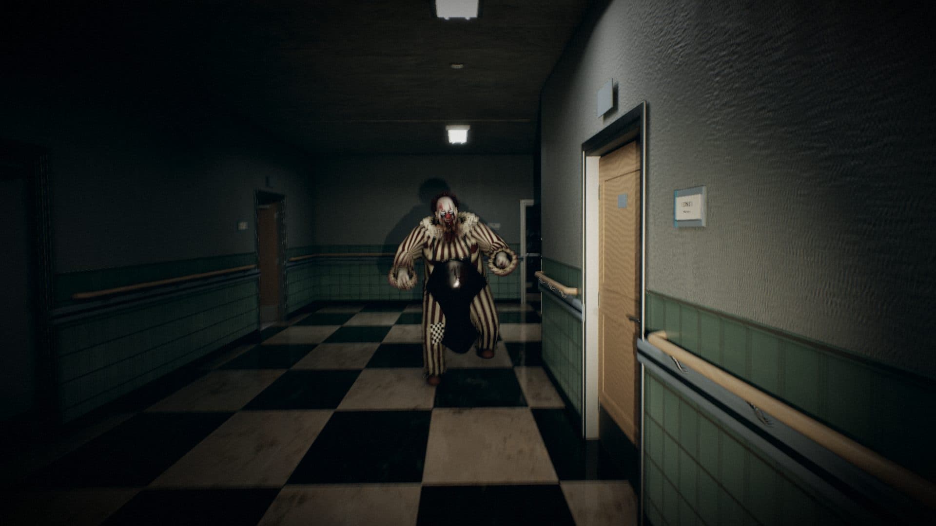The Clown running down a hospital corridor